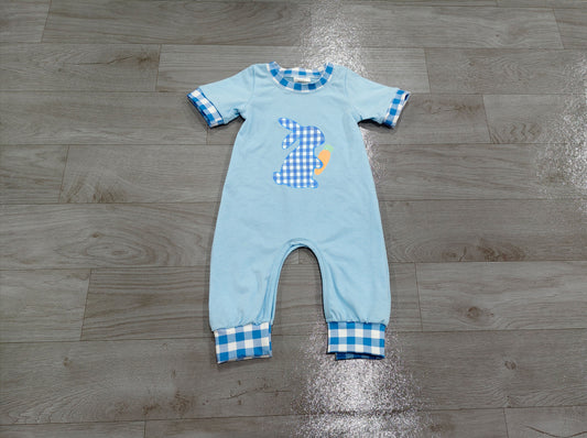 Sample-Real Pics SR4297 Baby Boy Clothes Blue Gingham Bunny Carrot Mixed Print Short Sleeve Romper
