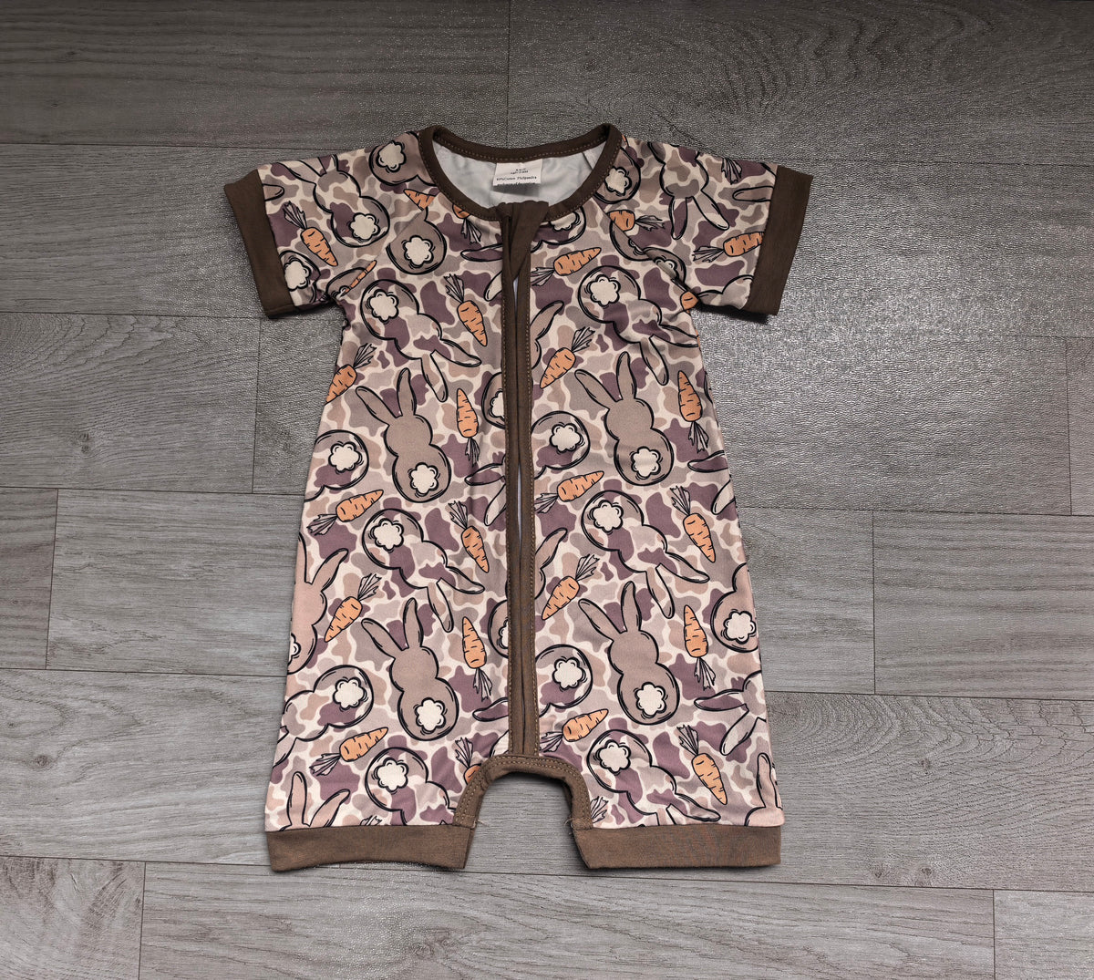 Sample-Real Pics SR4305 Baby Boy Clothes Easter Bunny Carrot Camo Print Short Sleeve Zip Romper Jumpsuit