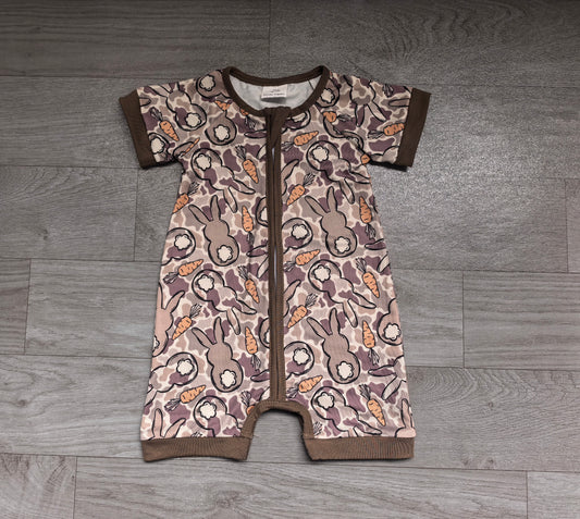 Sample-Real Pics SR4305 Baby Boy Clothes Easter Bunny Carrot Camo Print Short Sleeve Zip Romper Jumpsuit