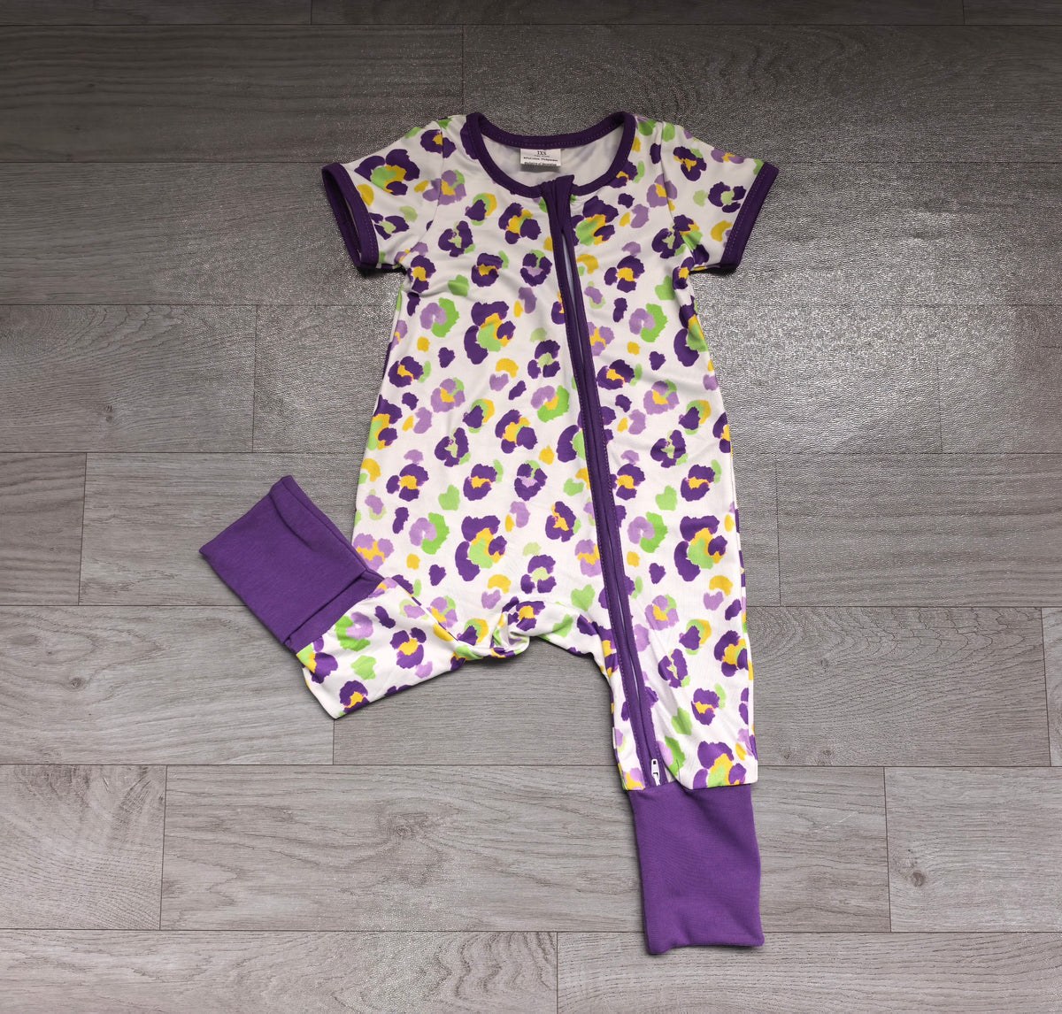 Sample-Real Pics SR4312 Baby Girl Clothes Mardi Gras Leopard Mixed Color Print Short Sleeve Zip Convertible Romper Jumpsuit