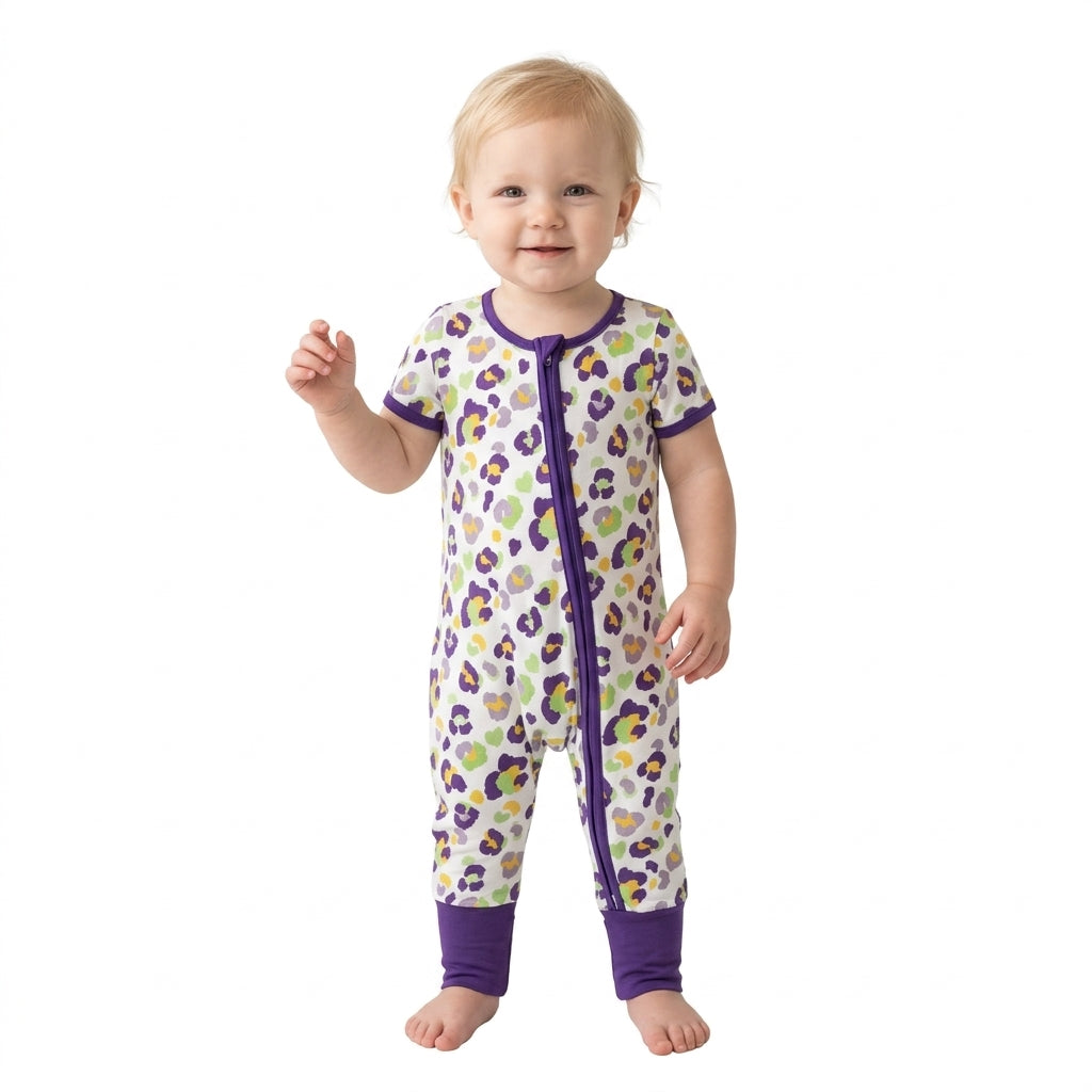 NO MOQ RTS SR4312 Baby Girl Clothes Mardi Gras Colorful Leopard Print Short Sleeve Zipper Romper 202610