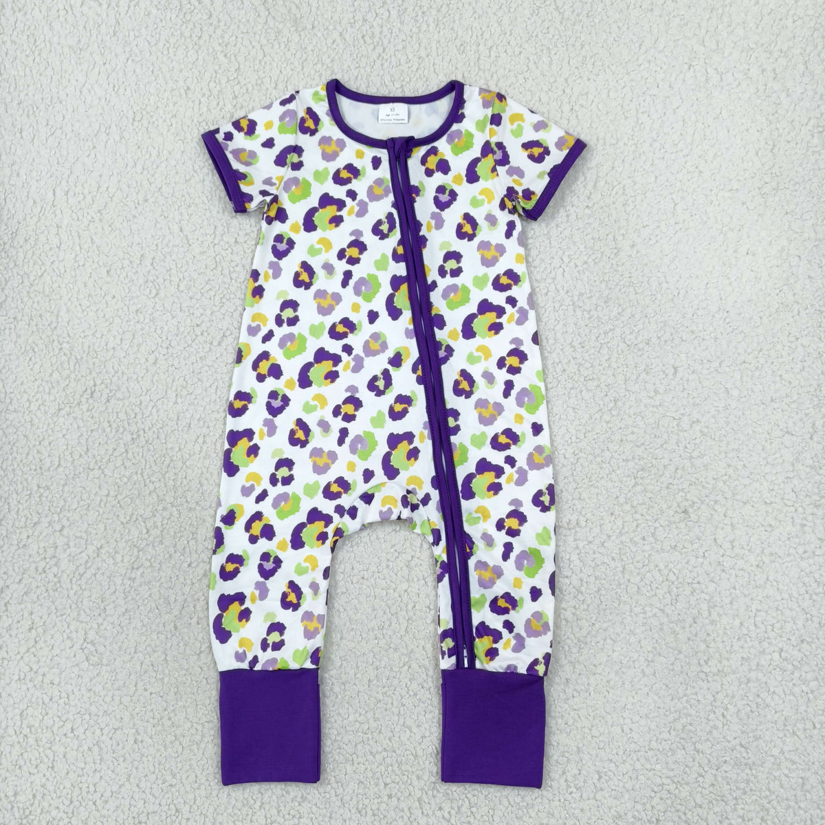 NO MOQ RTS SR4312 Baby Girl Clothes Mardi Gras Colorful Leopard Print Short Sleeve Zipper Romper 202610