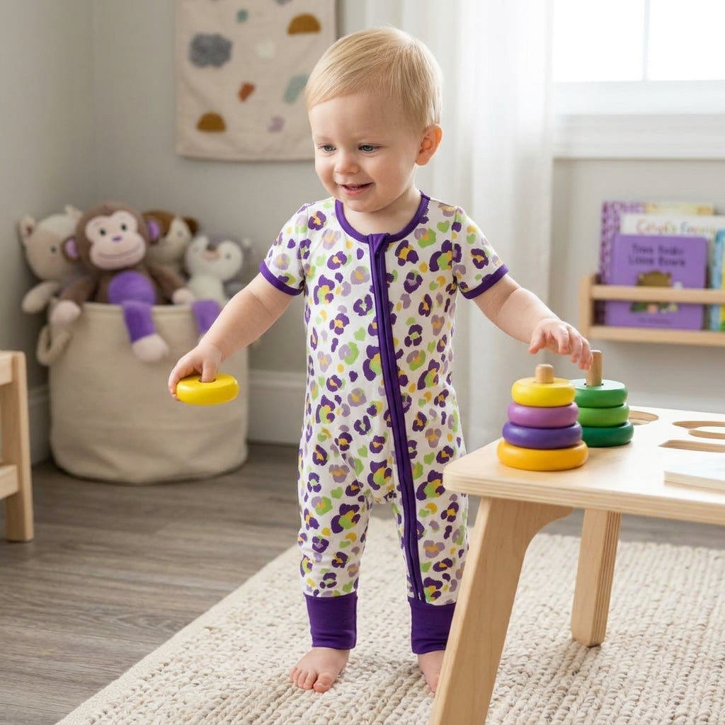 NO MOQ RTS SR4312 Baby Girl Clothes Mardi Gras Colorful Leopard Print Short Sleeve Zipper Romper 202610