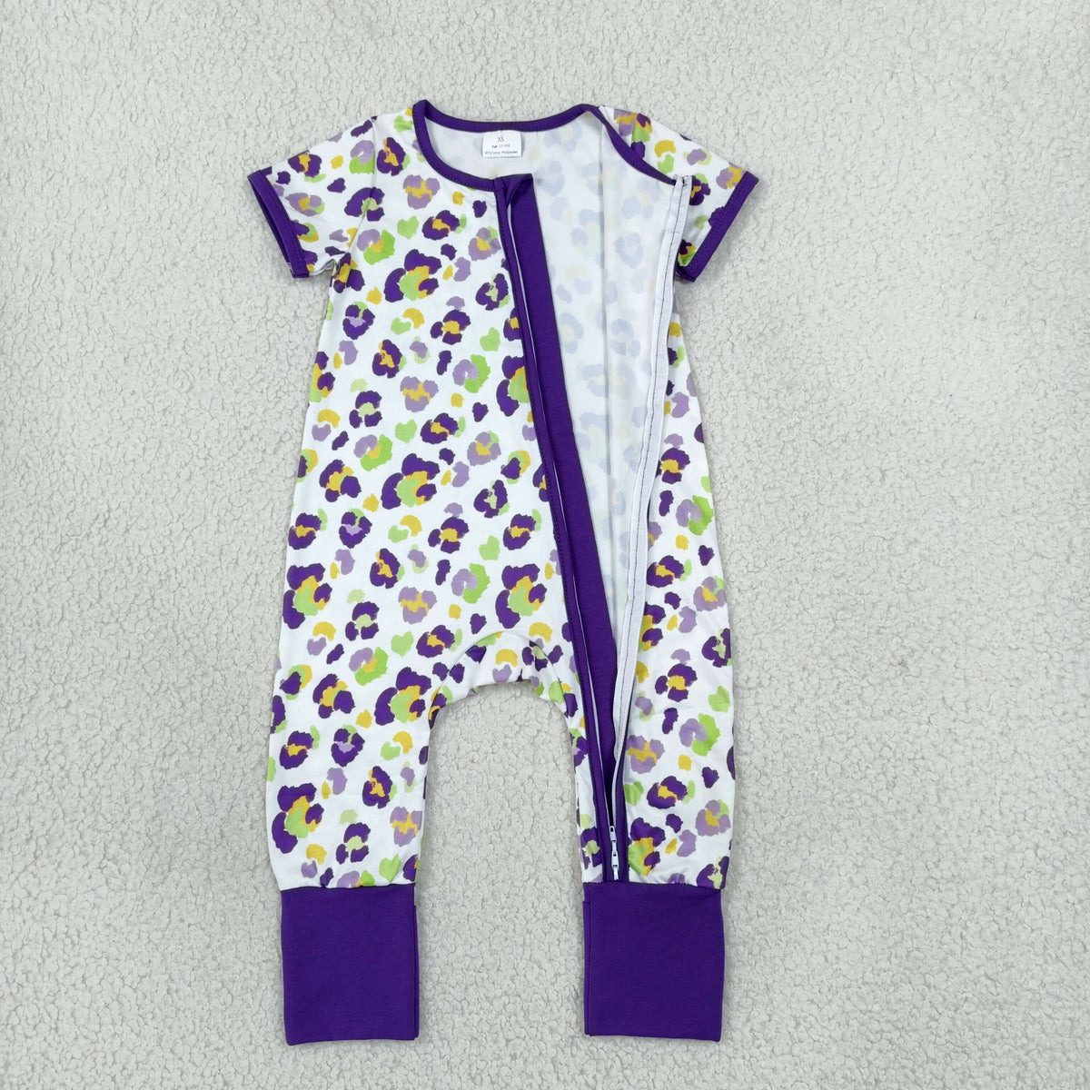NO MOQ RTS SR4312 Baby Girl Clothes Mardi Gras Colorful Leopard Print Short Sleeve Zipper Romper 202610