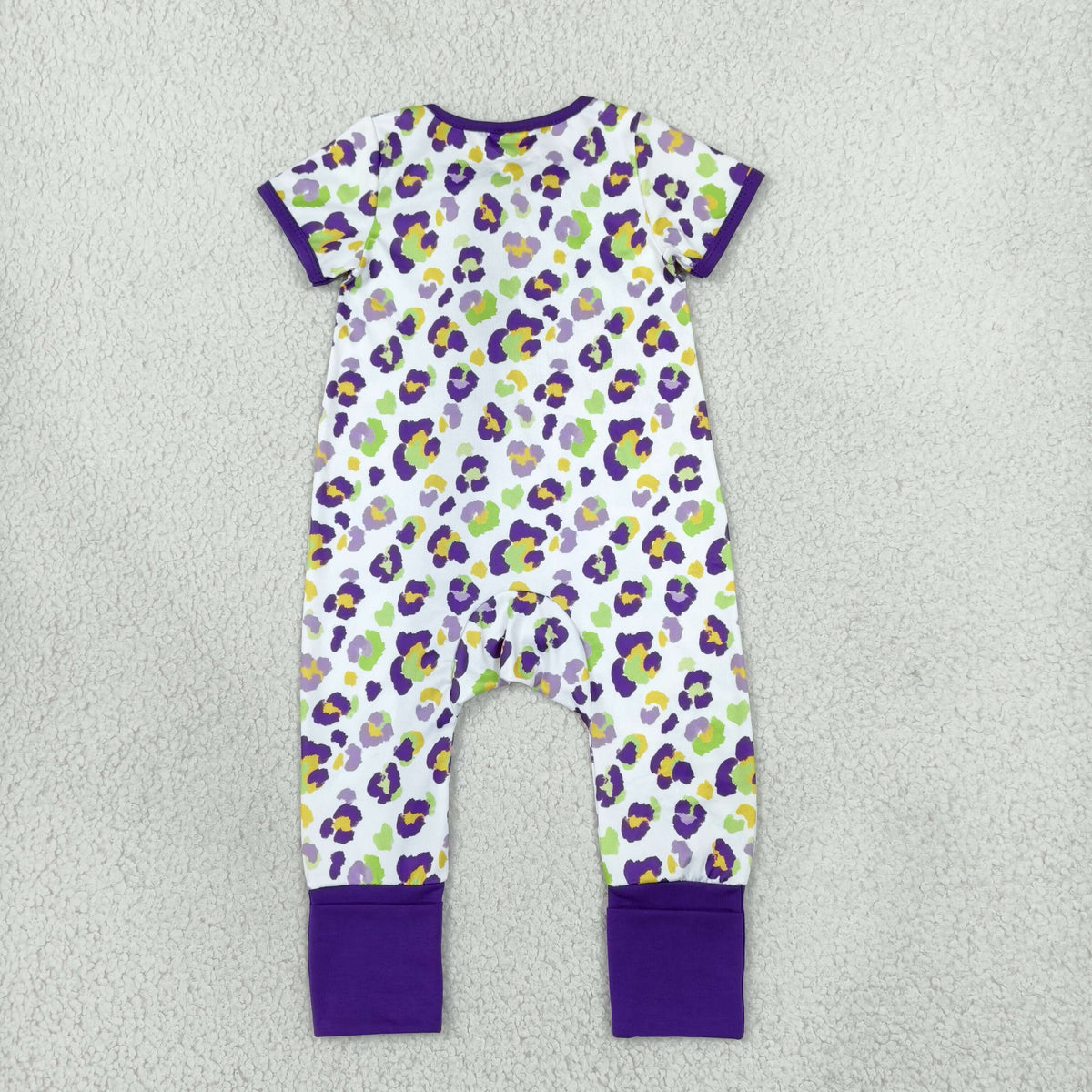 NO MOQ RTS SR4312 Baby Girl Clothes Mardi Gras Colorful Leopard Print Short Sleeve Zipper Romper 202610