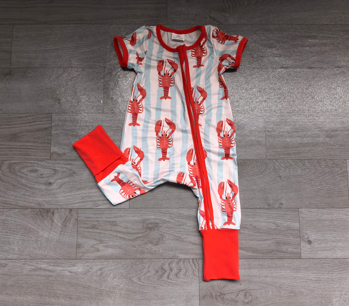 Sample-Real Pics SR4325 Baby Boy Clothes Red Lobster Stripe Print Short Sleeve Zipper Romper