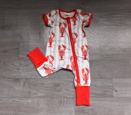 Sample-Real Pics SR4325 Baby Boy Clothes Red Lobster Stripe Print Short Sleeve Zipper Romper