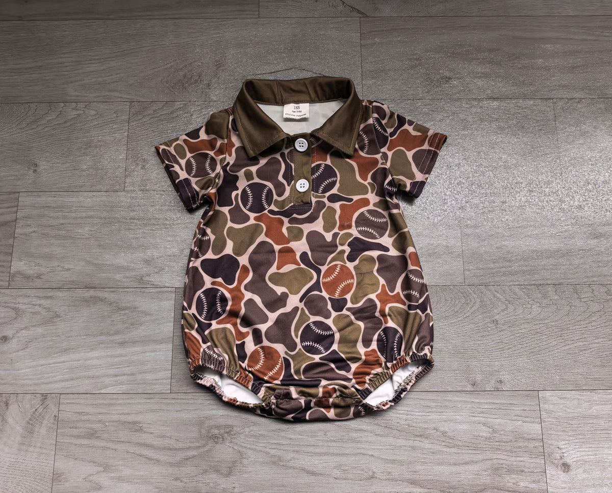 Sample-Real Pics SR4331 Baby Boy Clothes Baseball Camo Print Short Sleeve Polo Bubble Romper