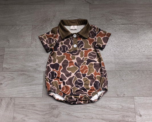 Sample-Real Pics SR4331 Baby Boy Clothes Baseball Camo Print Short Sleeve Polo Bubble Romper