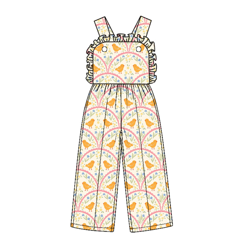 Preorder (moq 5) SR4334 Baby Girl Clothes Yellow Chick Floral Mixed Print Sleeveless Ruffle Strap Wide Leg Jumpsuit