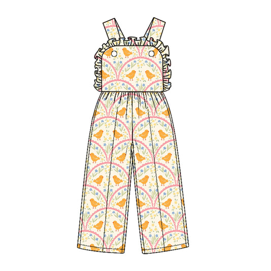 Preorder (moq 5) SR4334 Baby Girl Clothes Yellow Chick Floral Mixed Print Sleeveless Ruffle Strap Wide Leg Jumpsuit