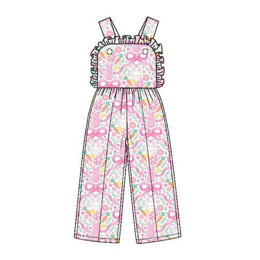 Preorder (moq 5) SR4335 Baby Girl Clothes Easter Bunny Bow Carrot Mixed Print Sleeveless Ruffle Strap Wide Leg Jumpsuit