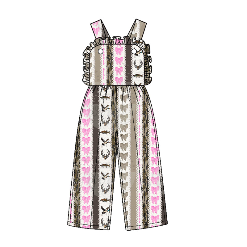 Preorder (moq 5) SR4337 Baby Girl Clothes Hunting Deer Duck Pink Bow Striped Mixed Print Sleeveless Ruffle Overalls Jumpsuit