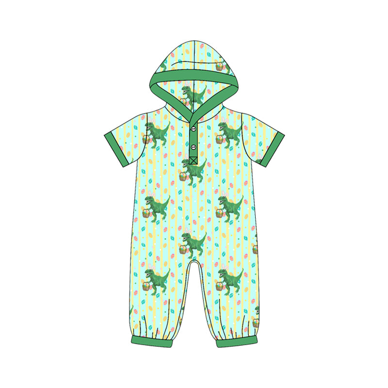 Preorder (moq 5) SR4338 Baby Boy Clothes Easter Dinosaur Egg Mixed Print Short Sleeve Hooded Romper