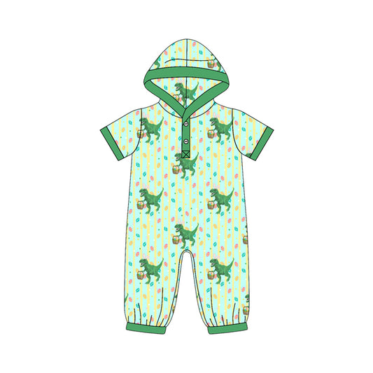 Preorder (moq 5) SR4338 Baby Boy Clothes Easter Dinosaur Egg Mixed Print Short Sleeve Hooded Romper