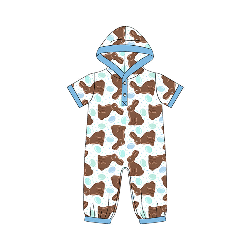 Preorder (moq 5) SR4339 Baby Boy Clothes Easter Chocolate Bunny Mixed Print Short Sleeve Hooded Romper