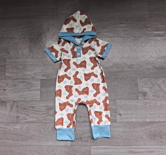 Sample-Real Pics SR4339 Baby Boy Clothes Easter Chocolate Bunny Egg Print Short Sleeve Hooded Romper