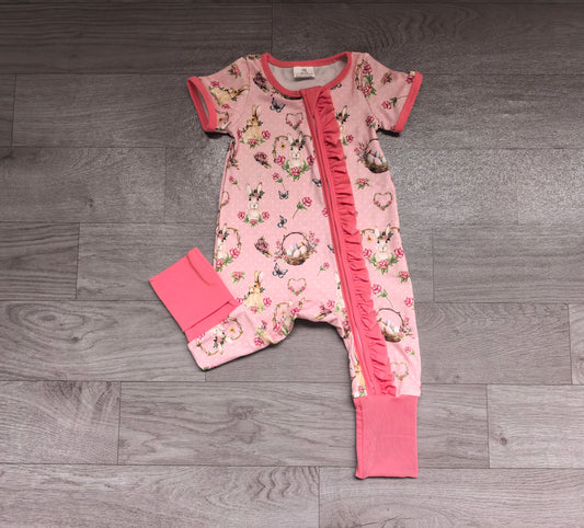 Sample-Real Pics SR4342 Baby Girl Clothes Pink Cow Print Short Sleeve Zipper Romper