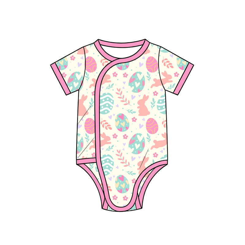 Preorder (moq 5) SR4343 Baby Girl Clothes Easter Bunny Egg Floral Mixed Print Short Sleeve Side Snap Bodysuit