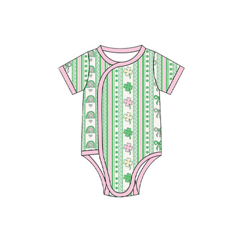 Preorder (moq 5) SR4346 Baby Girl Clothes Clover Rainbow Stripe Bow Mixed Print Short Sleeve Side Snap Bodysuit