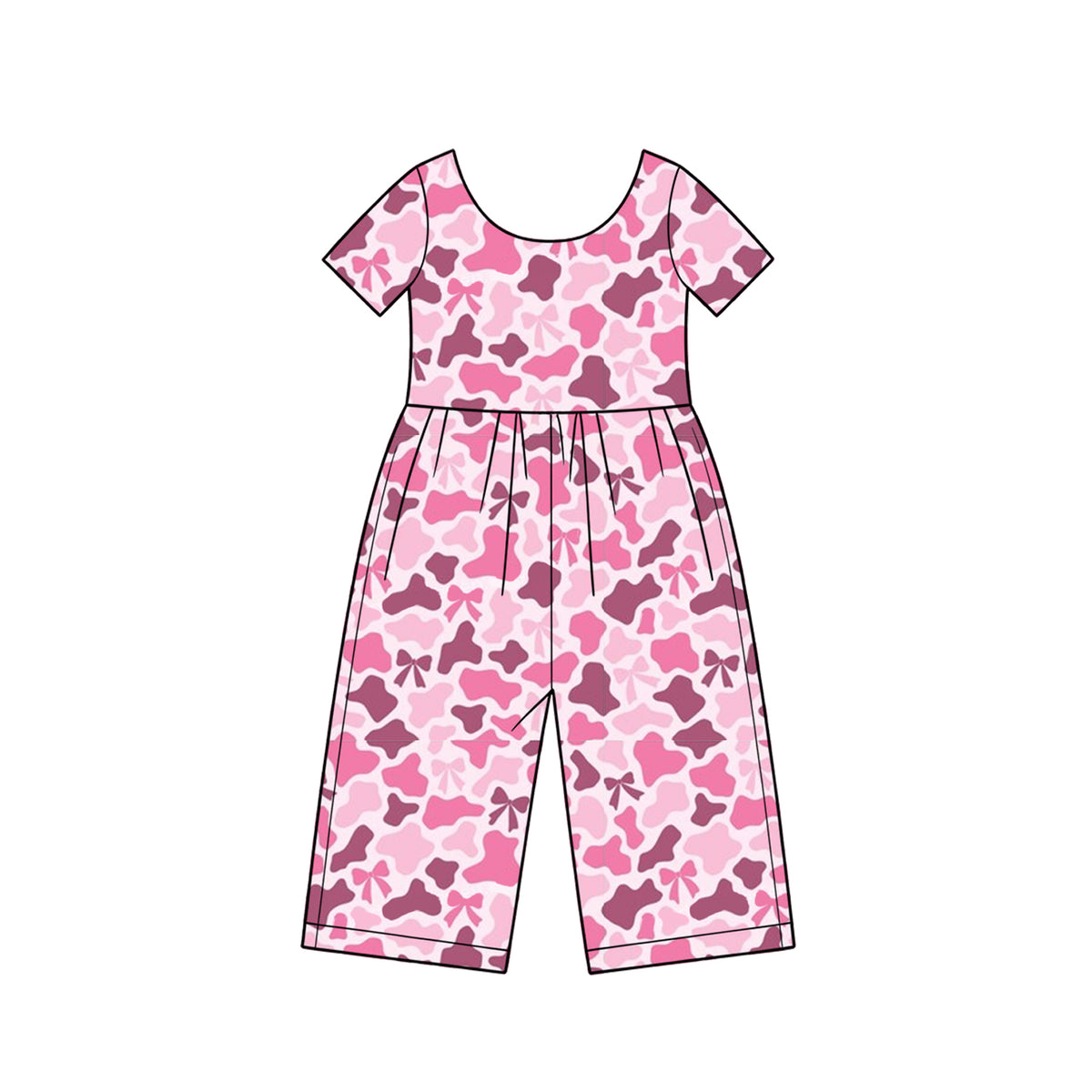 Preorder (moq 5) SR4364 Baby Girl Clothes Pink Camo Bow Mixed Print Short Sleeve Jumpsuit