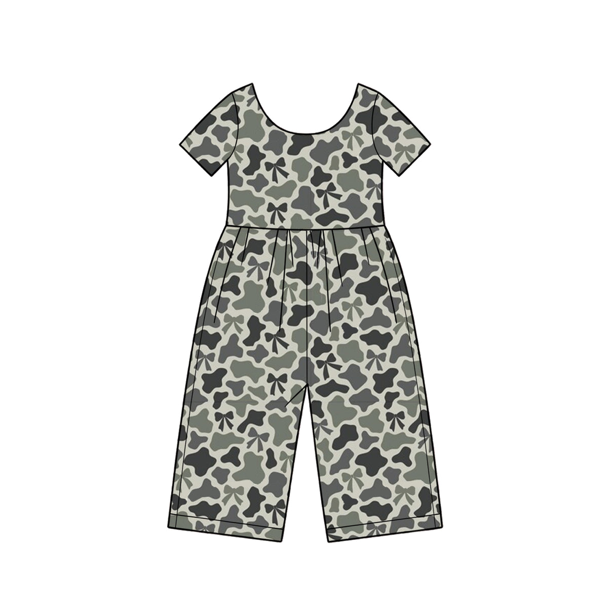 Preorder (moq 5) SR4365 Baby Girl Clothes Grey Camo Bow Mixed Print Short Sleeve Jumpsuit