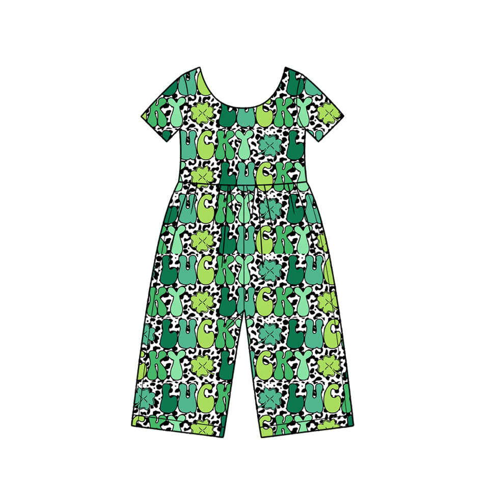 Preorder (moq 5) SR4366 Baby Girl Clothes St Patrick Lucky Clover Letter Mixed Print Short Sleeve Jumpsuit