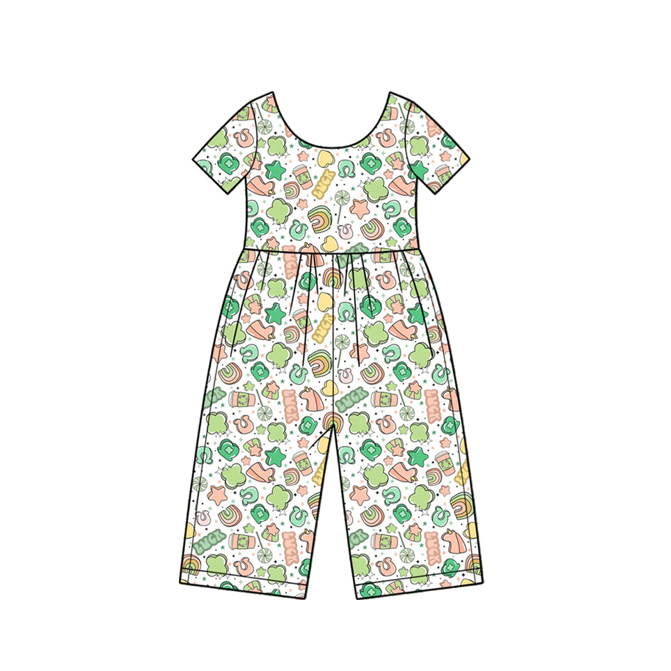 Preorder (moq 5) SR4367 Baby Girl Clothes St Patrick Cute Cartoon Element Mixed Print Short Sleeve Jumpsuit