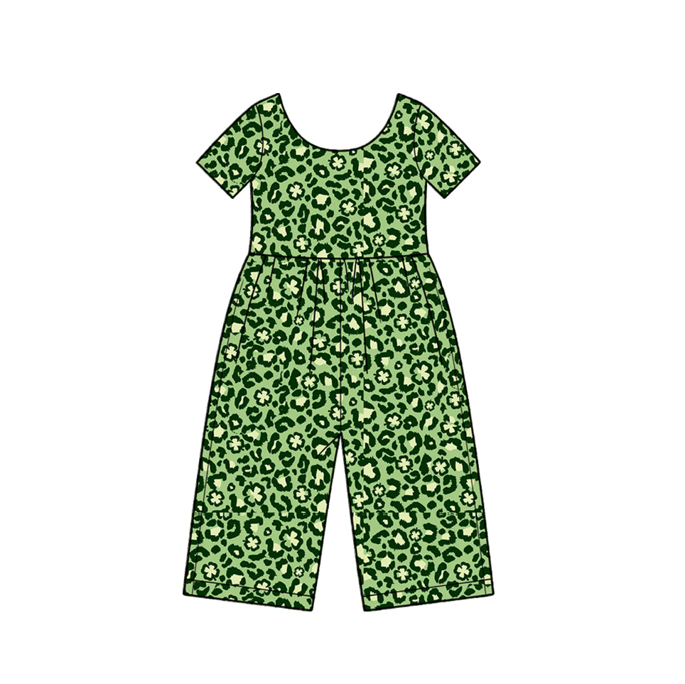 Preorder (moq 5) SR4368 Baby Girl Clothes Green Leopard Clover Mixed Print Short Sleeve Jumpsuit