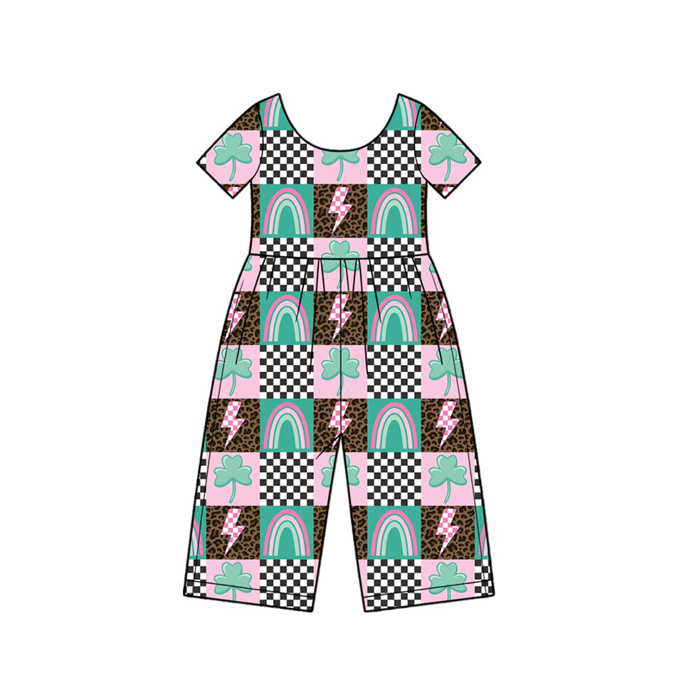 Preorder (moq 5) SR4369 Baby Girl Clothes St Patrick Rainbow Clover Plaid Mixed Print Short Sleeve Jumpsuit