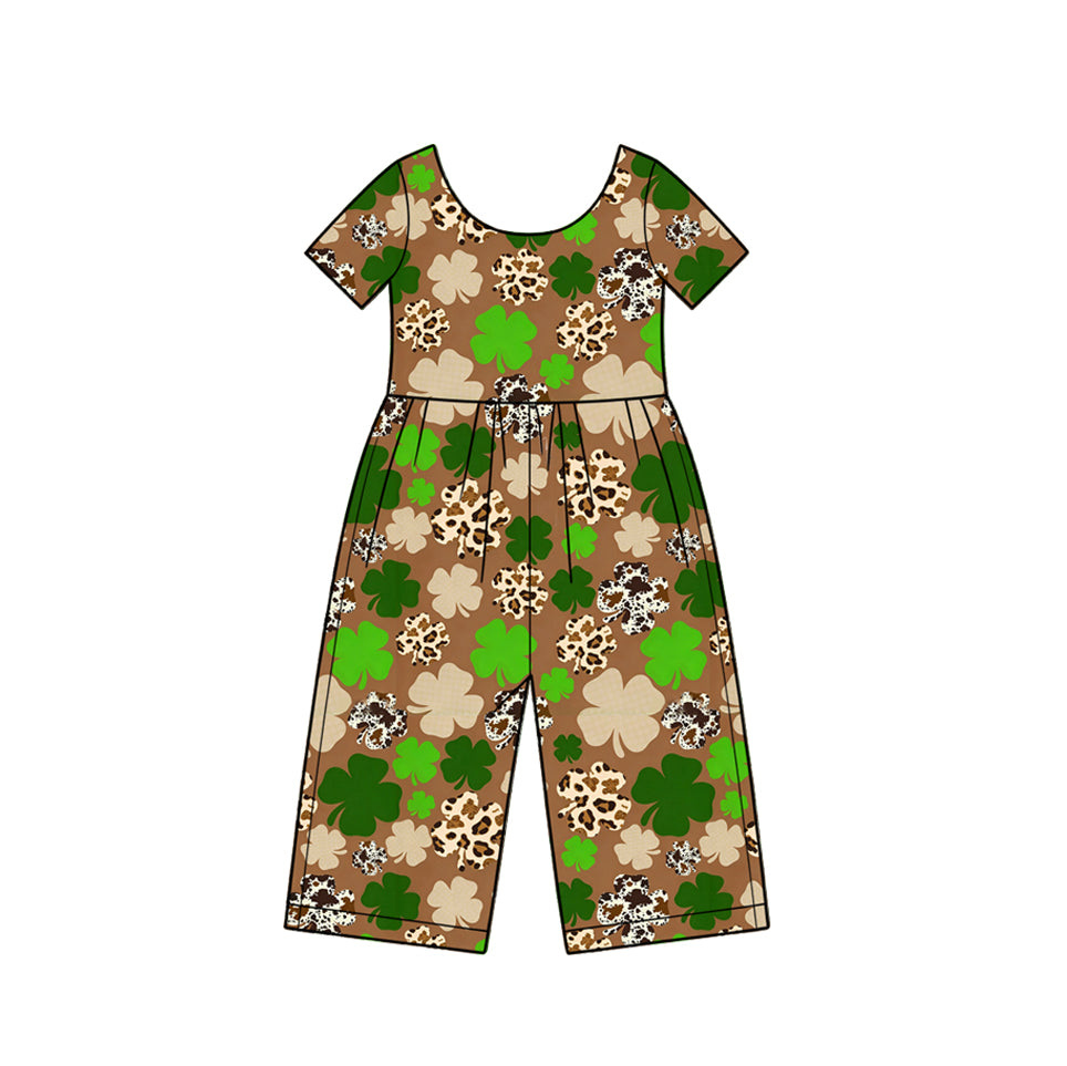 Preorder (moq 5) SR4370 Baby Girl Clothes Brown Leopard Clover Mixed Print Short Sleeve Jumpsuit