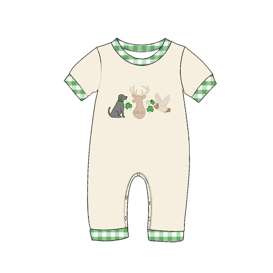 Preorder (moq 5) SR4371 Baby Boy Clothes St Patricks Day Hunting Dog Deer Duck Embroidery Green Gingham Trim Short Sleeve Romper