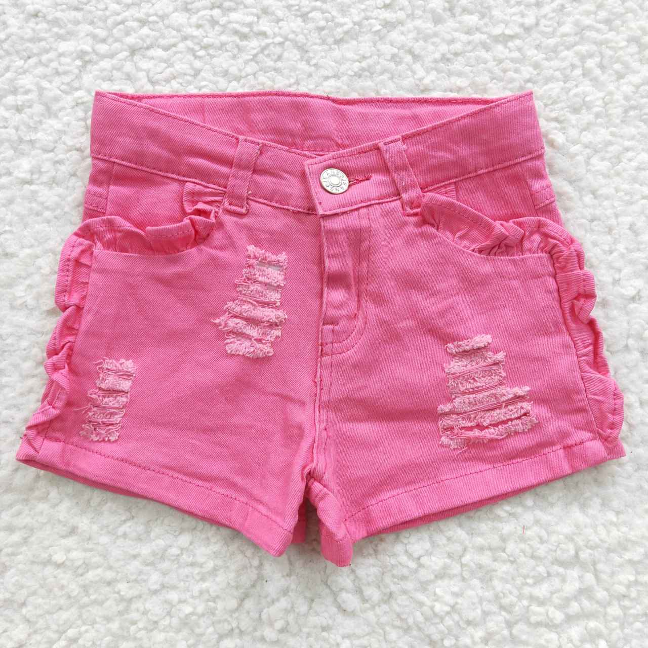 SS0013 RTS ruffle pockets girl button hot pink ripped denim shorts 20230503 RTS