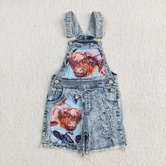 RTS pockets button yak calf patch print blue denim suspender shorts 202505 RTS