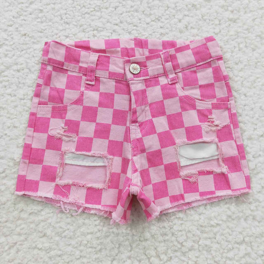 SS0092 girl button casual ripped plaid pink girl denim shorts 20230429 RTS