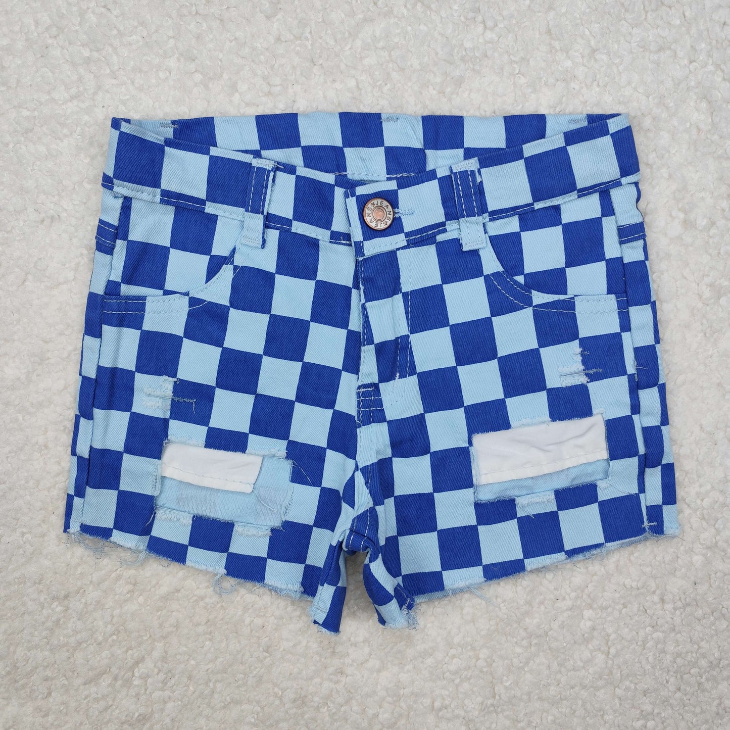 SS0093 girl button casual ripped plaid pink girl denim shorts 202501 RTS