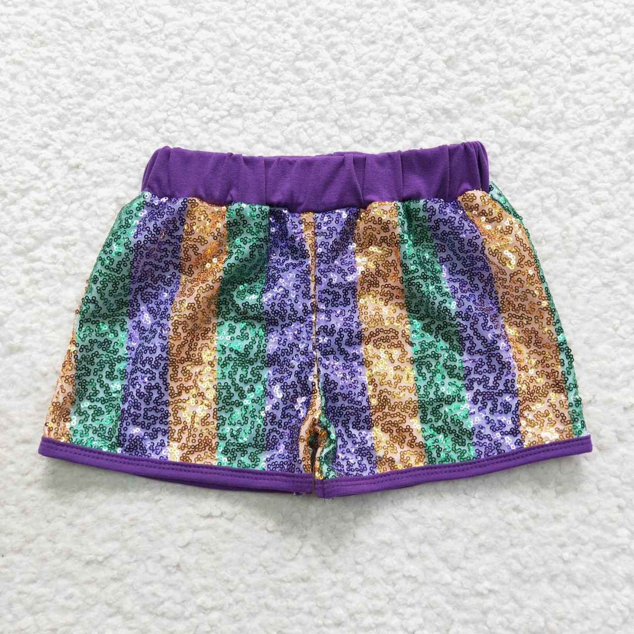 SS0116  Mardi Gras purple yellow green  Stripe girl sequin shorts 20230911 RTS