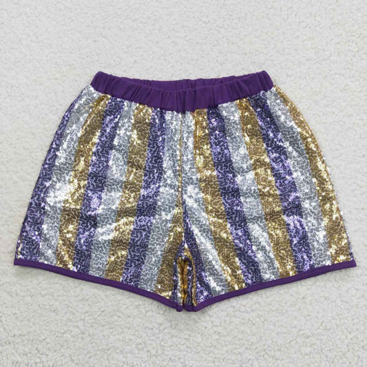 SS0118 adult sequin shorts mommy & kids  Stripe football team purple white yellow RTS