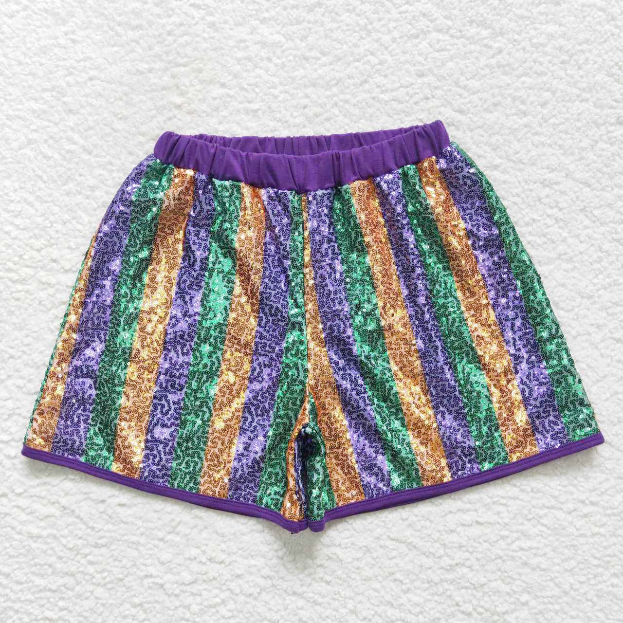 SS0119 adult sequin adult shorts purple yellow green Stripe Mardi Gras RTS 20230926