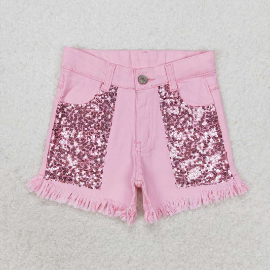 SS0230 girl sequin pink girl denim shorts 202405 RTS