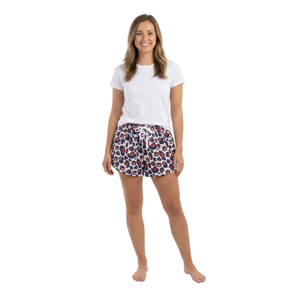 NO MOQ RTS SS0809(1)-yoga Women Clothes Auburn Logo Leopard Mixed Print Casual Shorts 202610