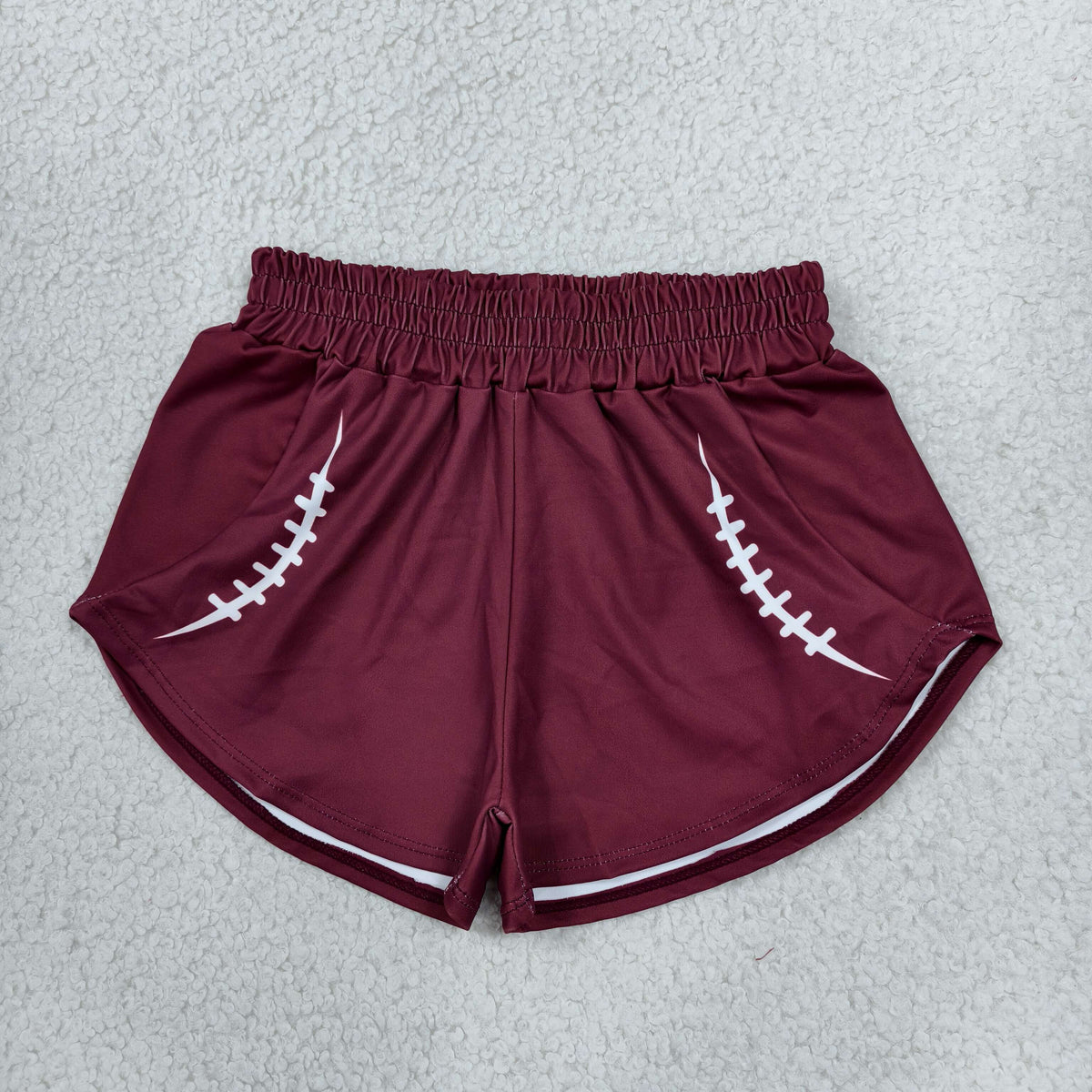 NO MOQ RTS SS0913-yoga Baby Girl Clothes Maroon Solid Football Stitch Print Athletic Shorts 202610