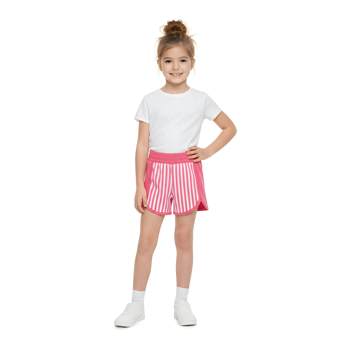NO MOQ RTS SS0949-yoga Baby Girl Clothes Pink White Stripe Panel Print Short Sleeve Athletic Shorts 202609