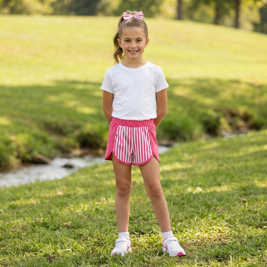 NO MOQ RTS SS0949-yoga Baby Girl Clothes Pink White Stripe Panel Print Short Sleeve Athletic Shorts 202609
