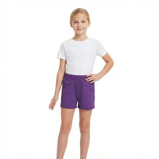 NO MOQ RTS SS0958-yoga Baby Girl Clothes Solid Purple Plain Elastic Waist Pocket Shorts 202610
