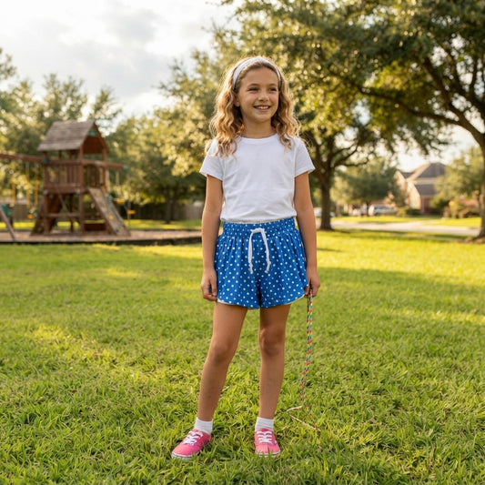 NO MOQ RTS SS0966-yoga Baby Girl Clothes Blue White Polka Dot Mixed Print Skort 202610