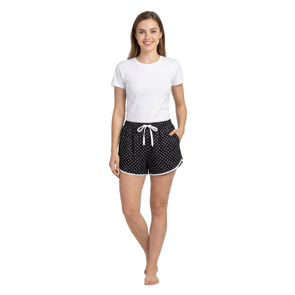 NO MOQ RTS SS0975(1)-yoga-women Clothes Black White Polka Dot Print Elastic Waist Drawstring Casual Running Shorts 202610