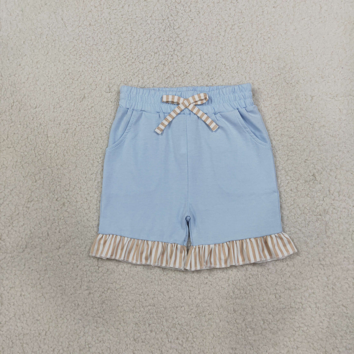 NO MOQ RTS SS0995 Baby Girl Clothes Solid Light Blue Stripe Ruffle Spliced Print Shorts 202609