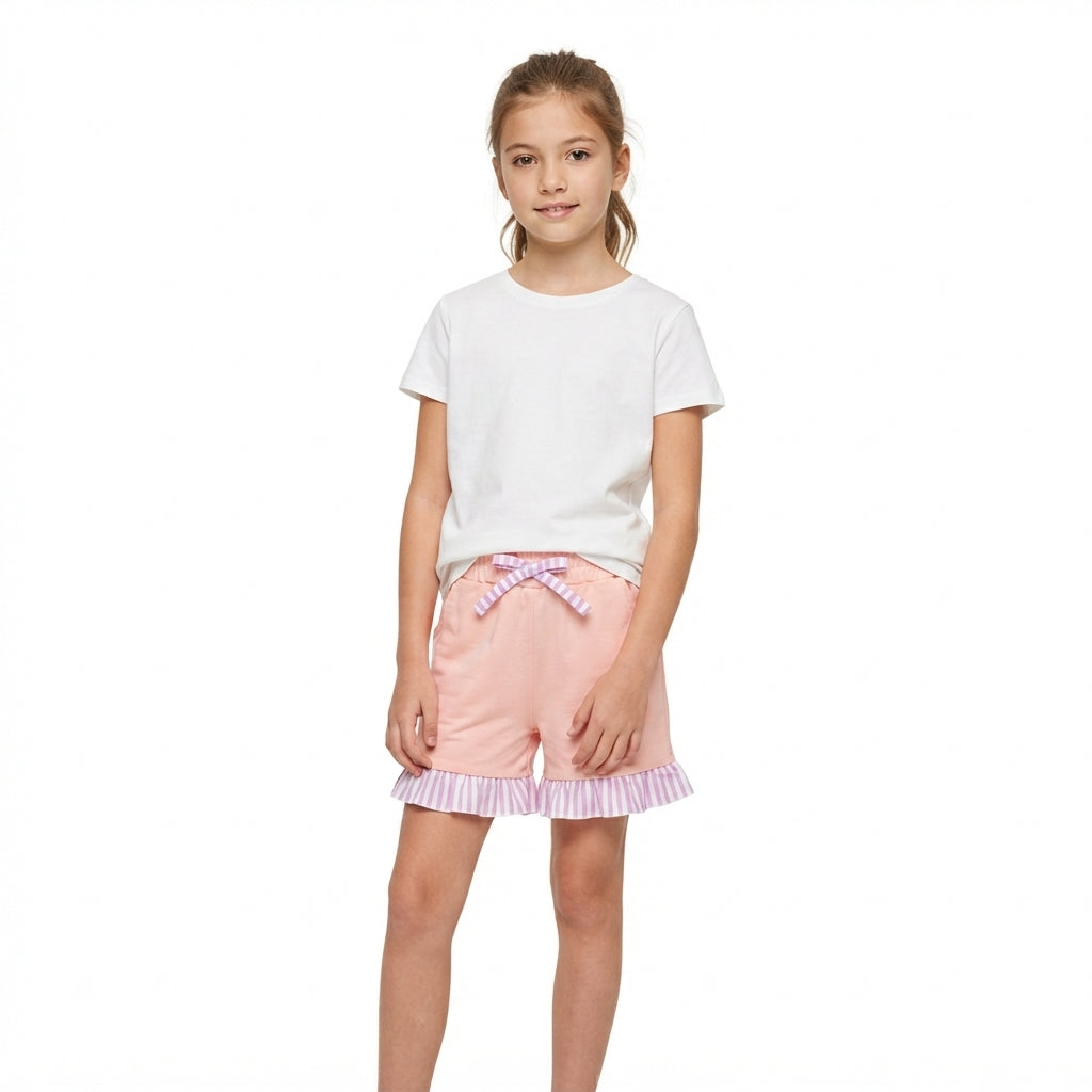 NO MOQ RTS SS0996 Baby Girl Clothes Solid Pink Plain Print Ruffle Hem Striped Bow Shorts 202609