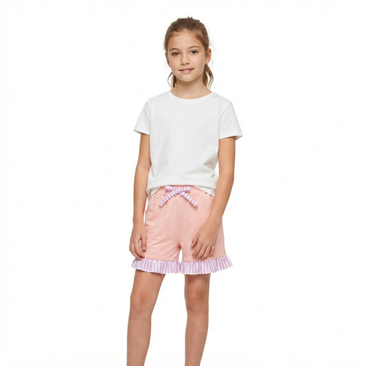 NO MOQ RTS SS0996 Baby Girl Clothes Solid Pink Plain Print Ruffle Hem Striped Bow Shorts 202609